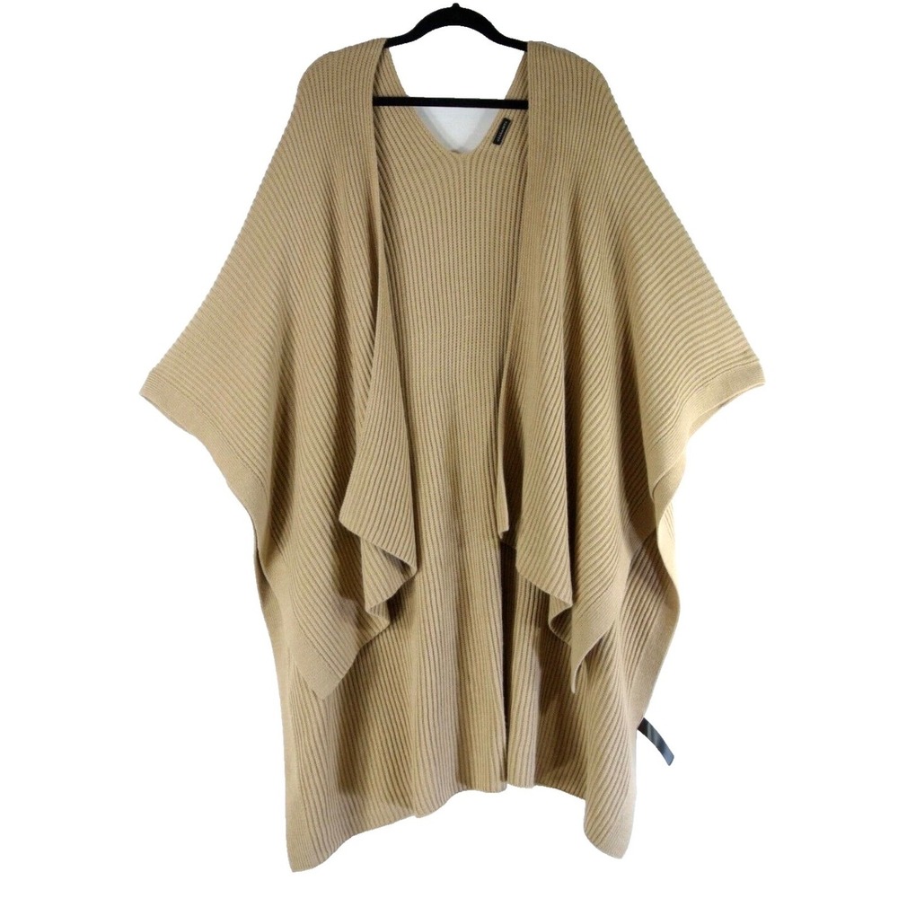 AllSaints Traveling Ribbed Ruana Camel Tan Wool Blend Draped Poncho Wrap Shawl